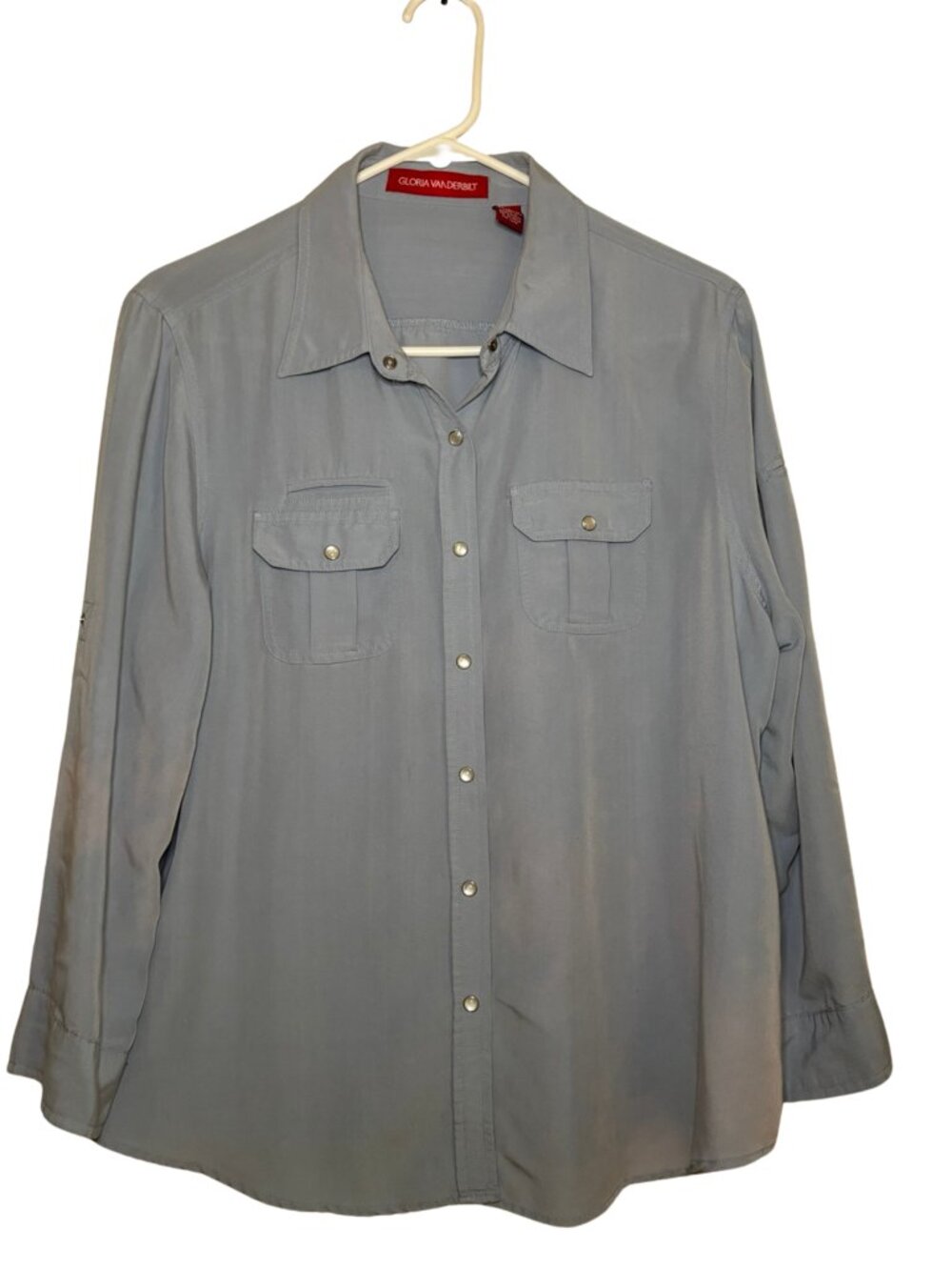 Gloria Vanderbilt Women's Button-Up Blouse Size L Blue Gray Roll Tab Sleeves Lig